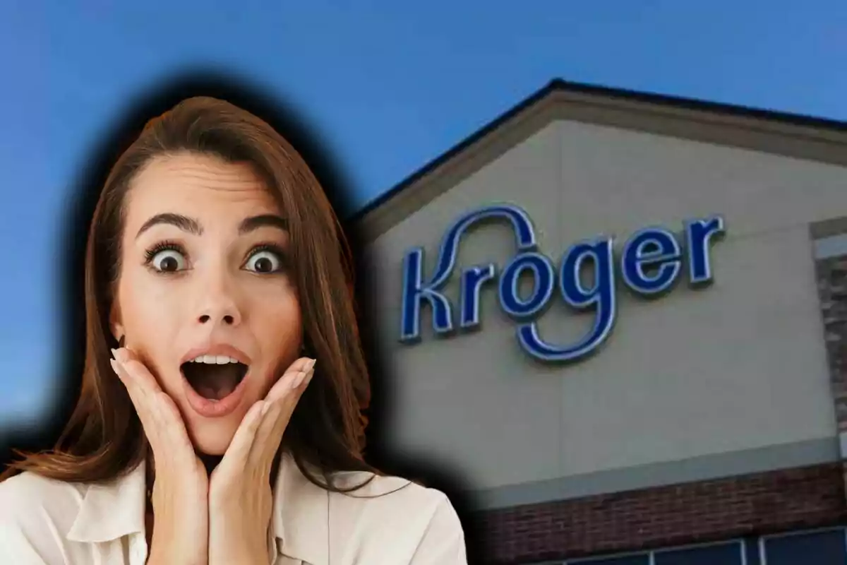Una mujer con expresión de sorpresa frente a un edificio con el logo de Kroger.