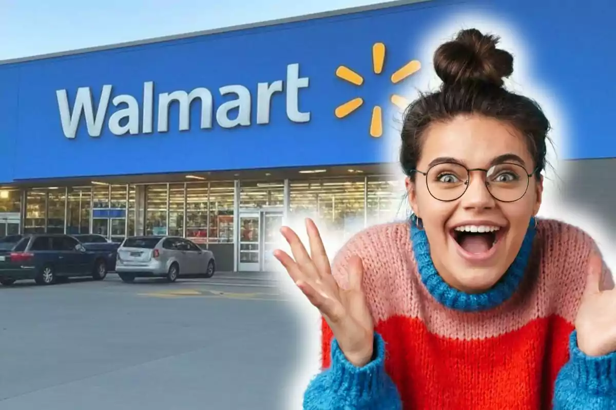Una persona emocionada frente a una tienda de Walmart.