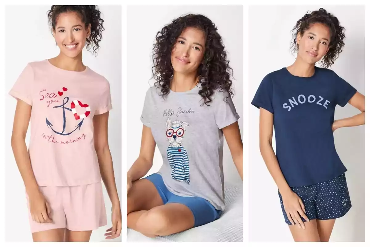 Tres mujeres posan con pijamas de Lidl de diferentes estilos: la primera lleva un conjunto rosa con un ancla y corazones, la segunda viste una camiseta gris con un perro dibujado y la tercera luce un conjunto azul marino con la palabra Tres mujeres posan con pijamas de Lidl de diferentes estilos: la primera lleva un conjunto rosa con un ancla y corazones, la segunda viste una camiseta gris con un perro dibujado y la tercera luce un conjunto azul marino con la palabra