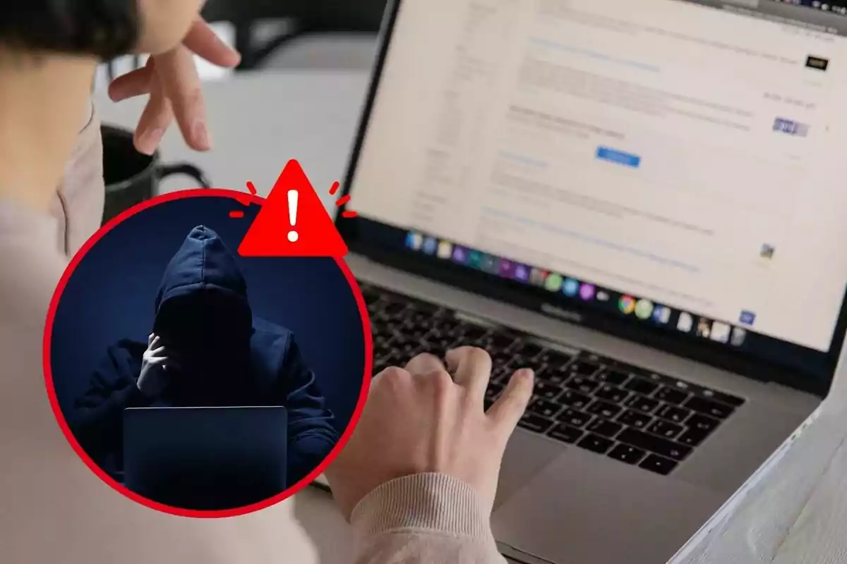 Una persona usando una computadora portátil con una imagen superpuesta de un hacker encapuchado y un ícono de advertencia.