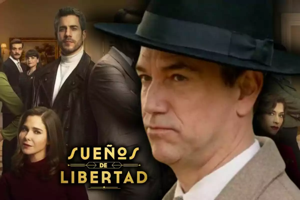 Montaje de fotos de primer plano de Oriol Tarrasón con rostro serio y, de fondo, una imagen del cartel de la serie 'Sueños de Libertad'.