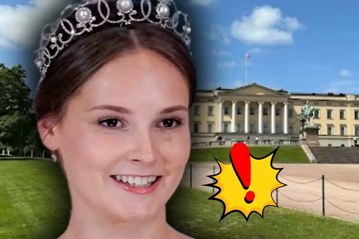 Montaje de fotos de la princesa Íngrid Alexandra de Noruega sonriente frente al palacio real de Oslo, junto a un gráfico de signo de exclamación rojo sobre fondo amarillo