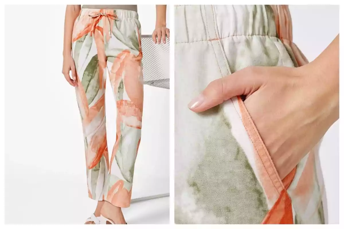 Monatje de fotos de unos pantalones con estampado floral en tonos naranjas y verdes de Lidl, con cintura elástica y lazo decorativo, detalle de bolsillo lateral. Monatje de fotos de unos pantalones con estampado floral en tonos naranjas y verdes de Lidl, con cintura elástica y lazo decorativo, detalle de bolsillo lateral.