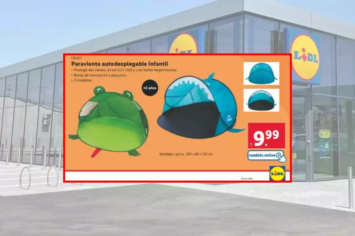 Publicidad de Lidl mostrando dos modelos de paraviento autodesplegable infantil con forma de rana y de tiburón, precio de 9,99 euros y opción de compra online. Publicidad de Lidl mostrando dos modelos de paraviento autodesplegable infantil con forma de rana y de tiburón, precio de 9,99 euros y opción de compra online.
