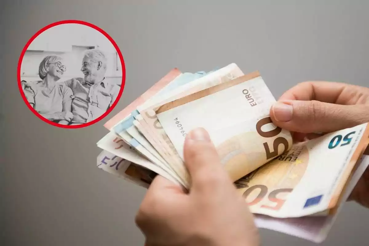 Persona contando billetes de euro con una imagen en blanco y negro de una pareja mayor sonriendo en un círculo rojo.