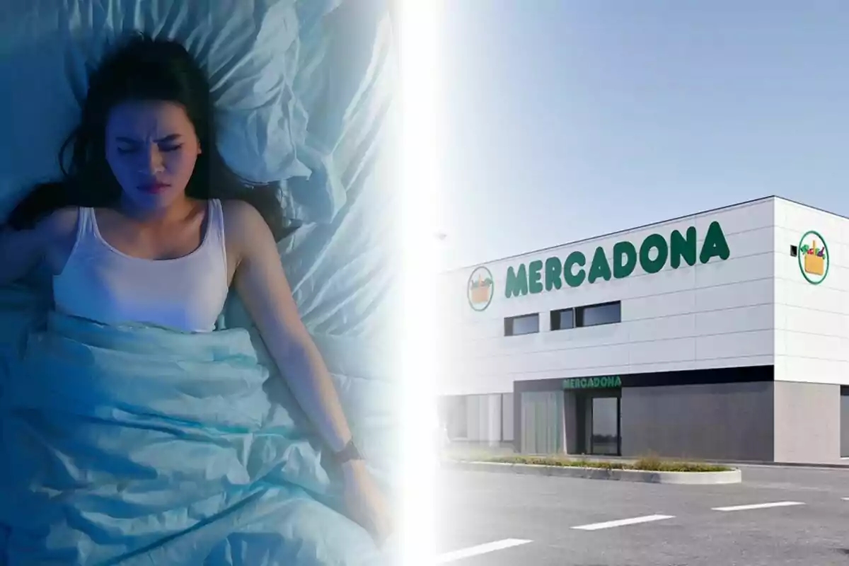 Montaje de fotos de una mujer acostada en la cama con expresión de malestar por insomnio junto a la imagen de un supermercado Mercadona.