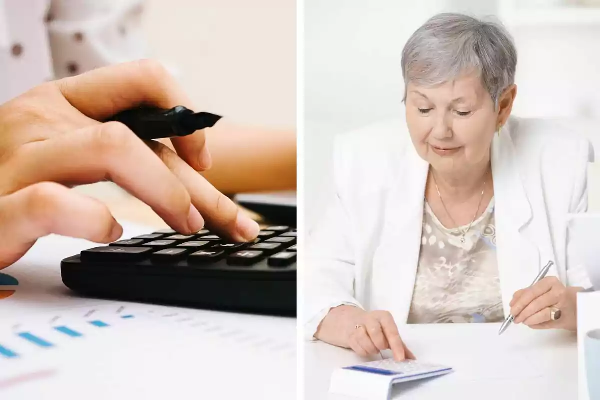 Persona usando una calculadora y mujer mayor trabajando con una calculadora y un bolígrafo.