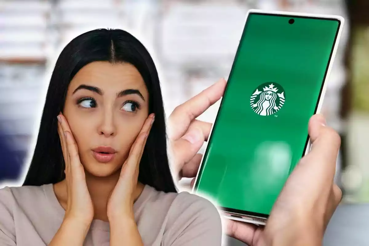 Una mujer con expresión sorprendida mientras observa un teléfono móvil con el logo de Starbucks en la pantalla.