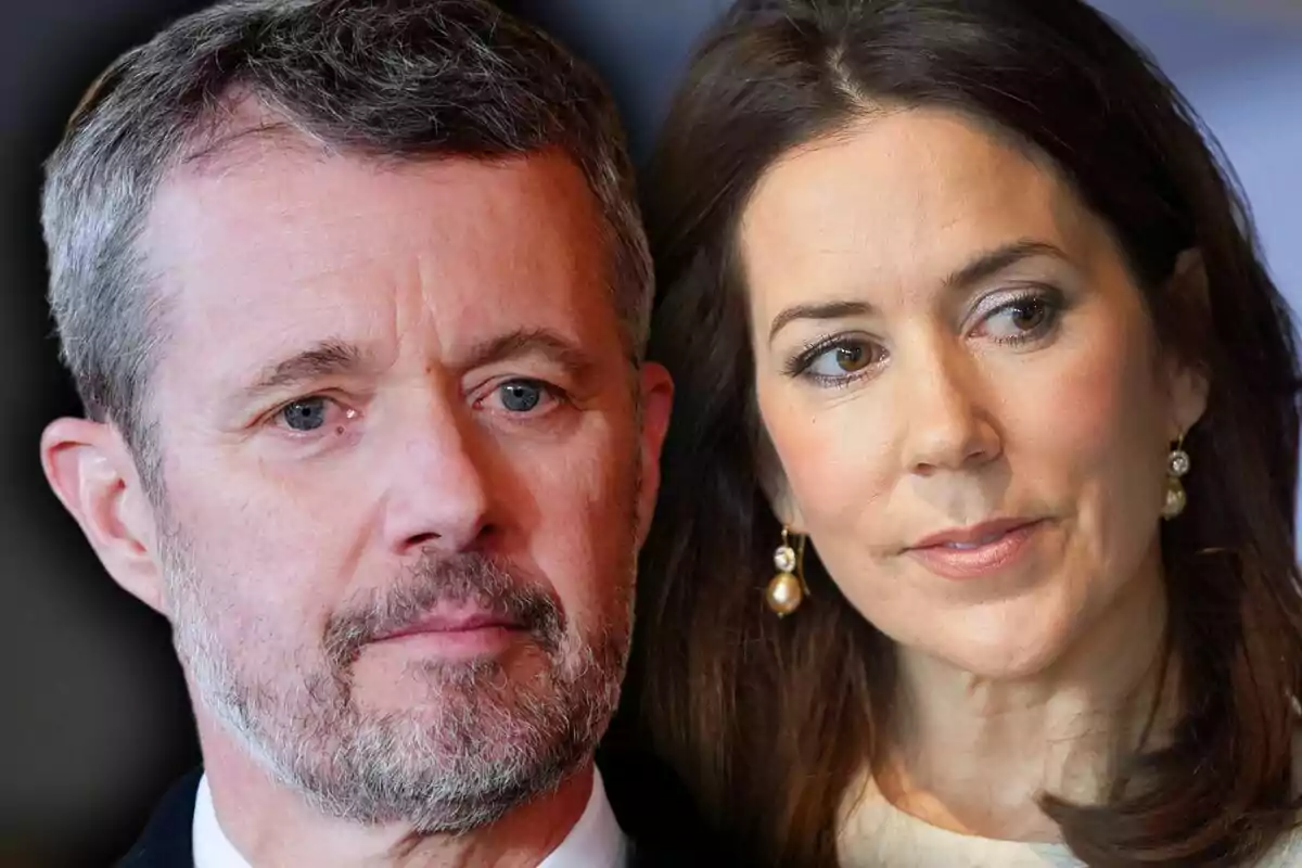 Montaje de fotos de primer plano de Mary de Dinamarca y Federico de Dinamarca, ambos con rostro serio.