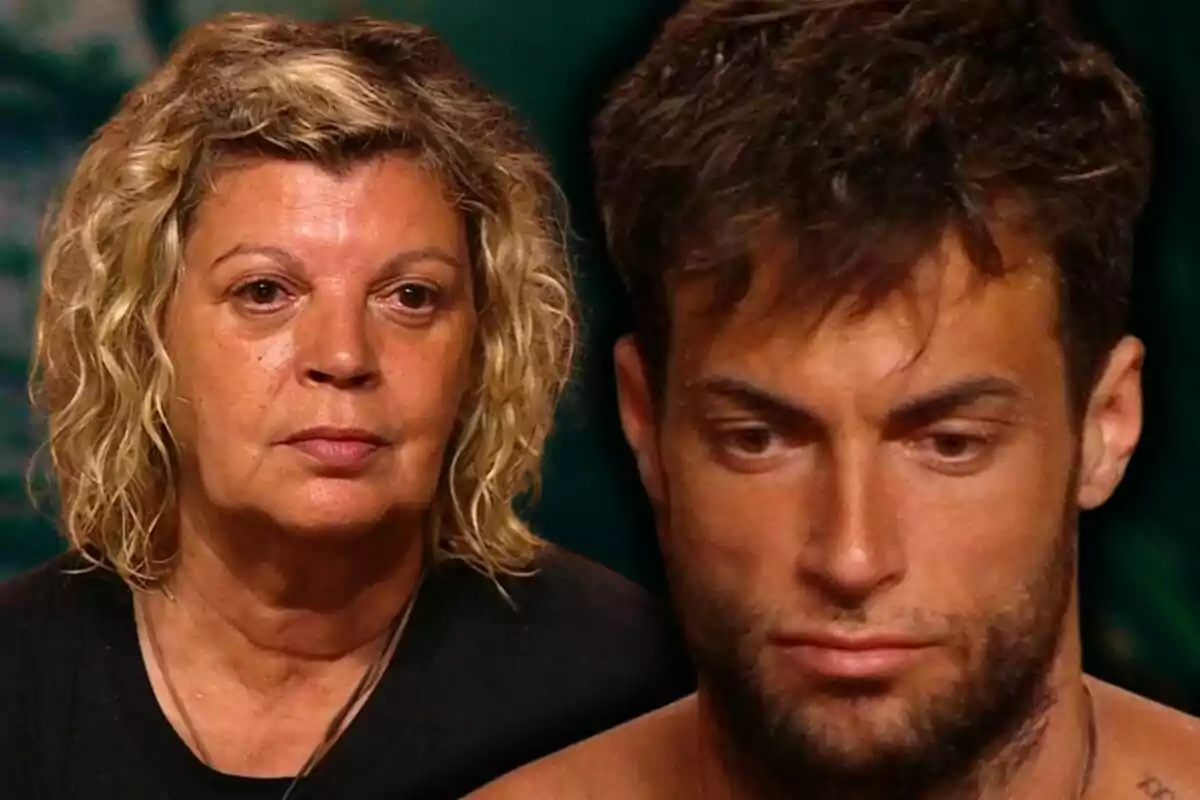 Montaje de fotos de primer plano de Terelu Campos y Montoya, ambos con rostro serio en 'Supervivientes'.