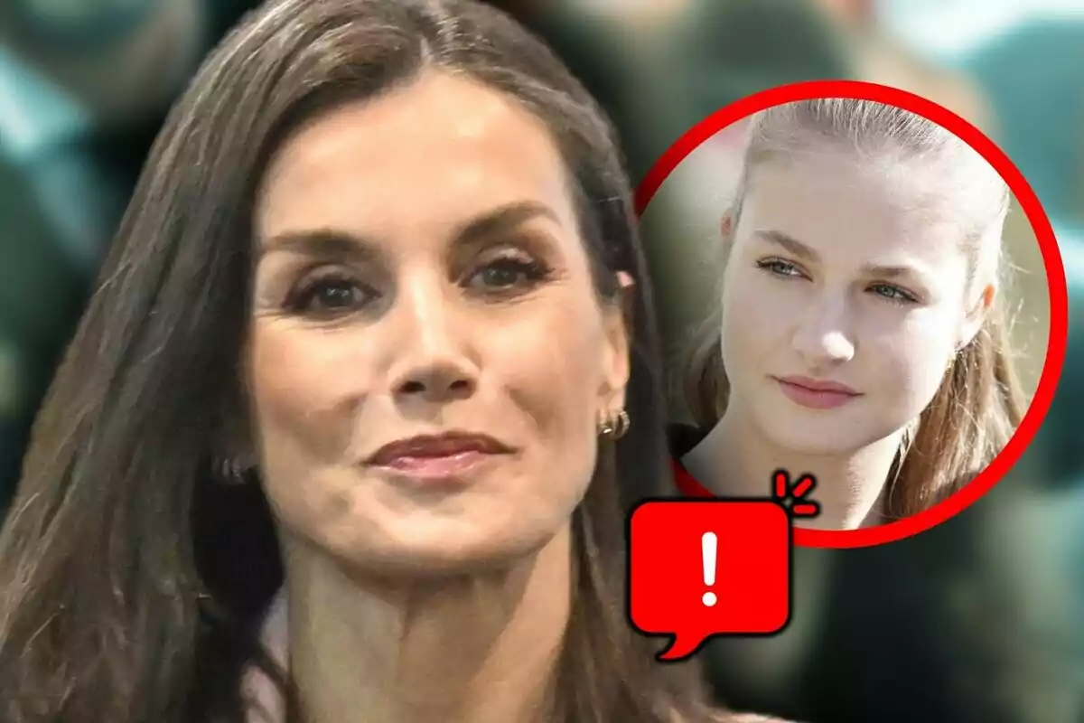 Montaje de fotos de la reina Letizia Ortiz en primer plano con una expresión neutral mientras en la esquina superior derecha hay un círculo rojo con la imagen de la princesa Leonor de Borbón y un icono de exclamación en un globo de diálogo rojo.