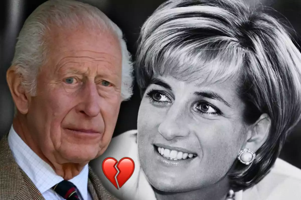 Montaje de fotos de primer plano de Lady Di sonriente y Carlos III con rostro serio, ambos con un emoji de corazón rojo en el centro.