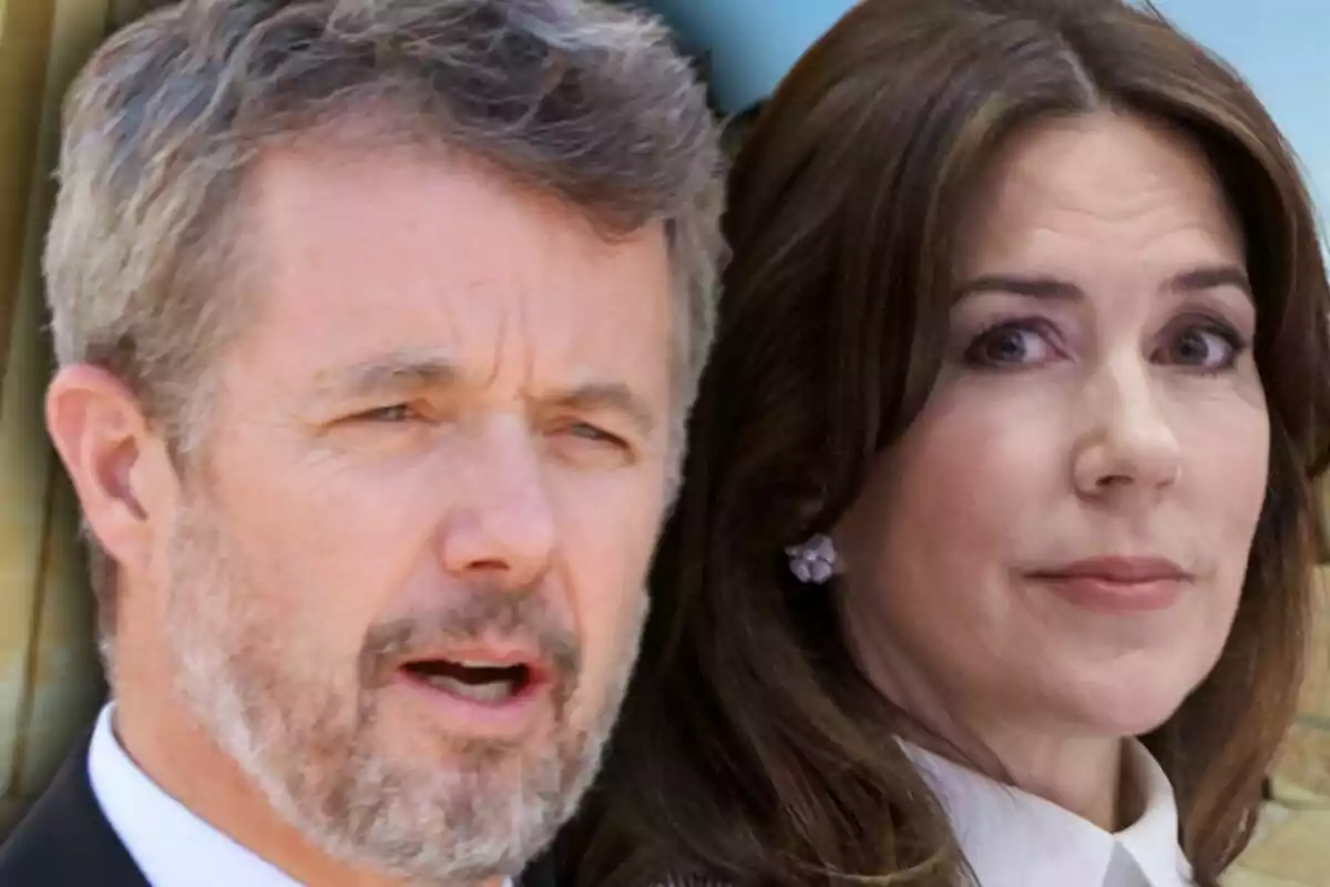Montaje de fotos de primer plano de Mary de Dinamarca y Federico de Dinamarca, ambos con rostro serio.