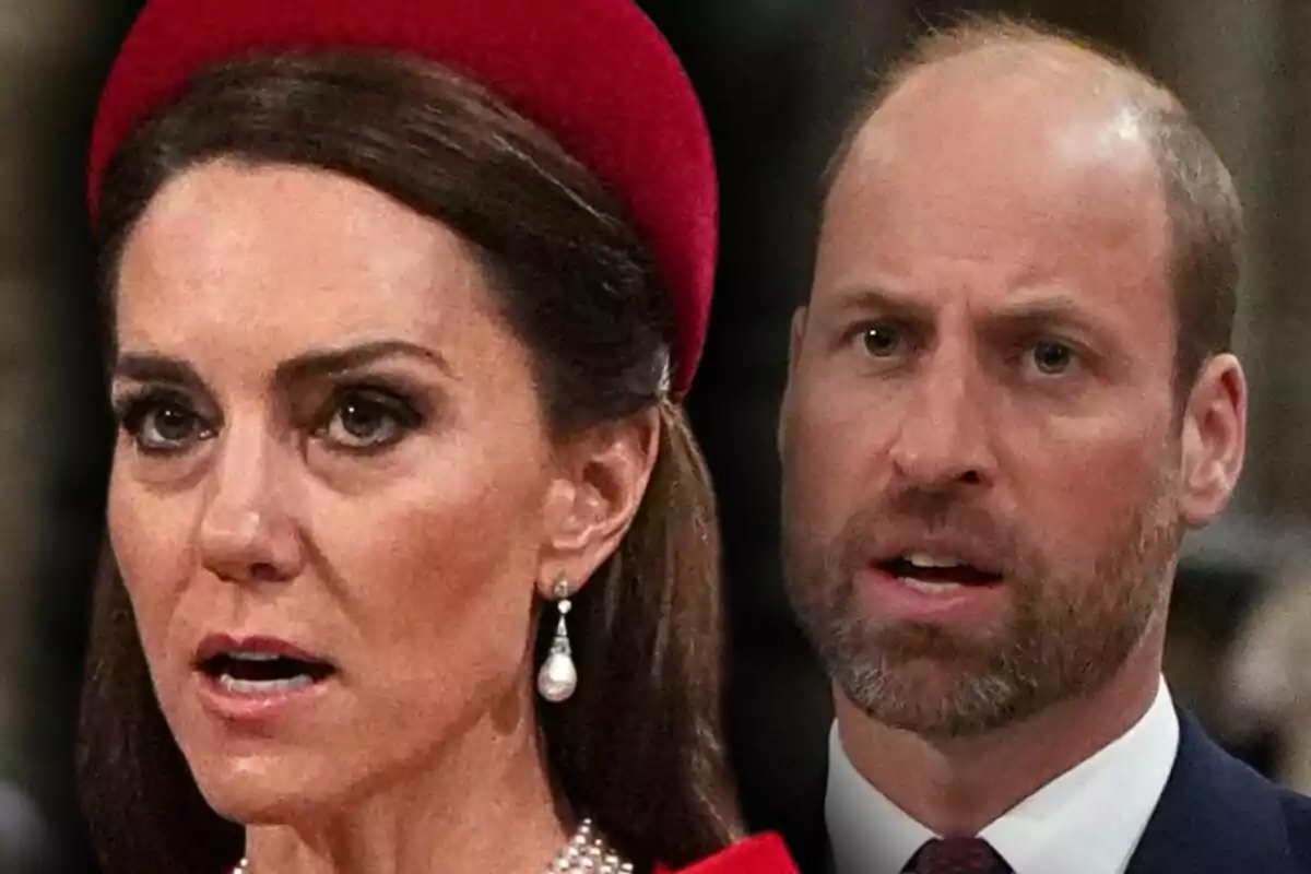 Montaje de fotos de primer plano de Kate Middleton y el príncipe Guillermo de Wales, ambos con rostro serio.
