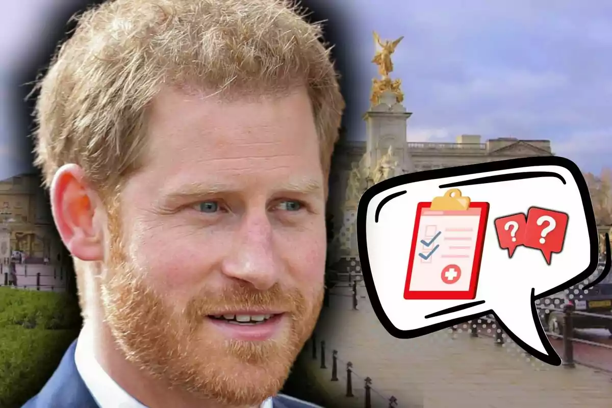 Prince Harry appears in the foreground with a background of a historic building and an illustration of a speech bubble with a medical emoji and question marks.