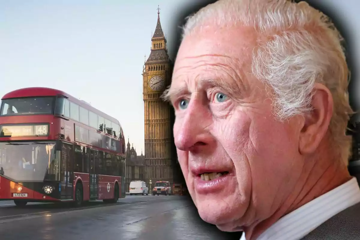Montaje de fotos con Carlos III en primer plano con un autobús rojo y el Big Ben al fondo en una calle de Londres.
