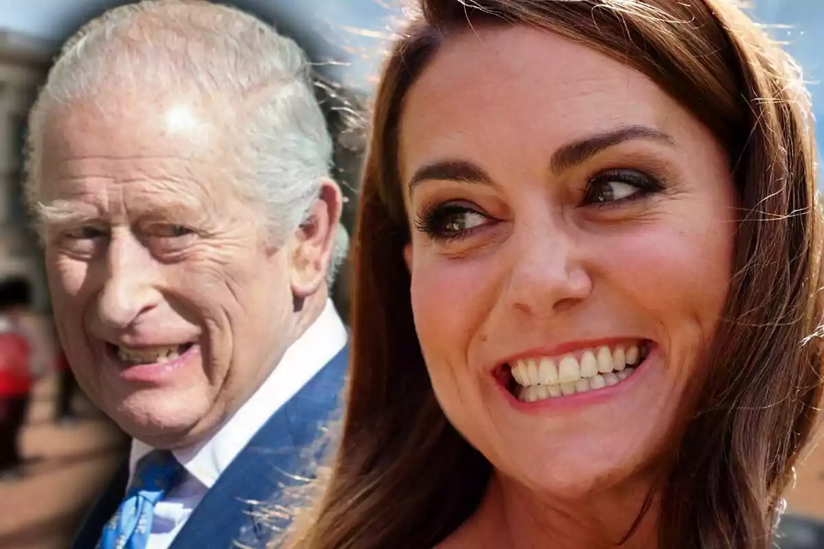Montaje de fotos de primer plano de Kate Middleton sonriente y el rey Carlos III con rostro serio.