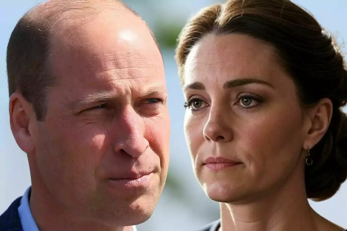 Montaje de fotos de primer plano de príncipe Guillermo y Kate Middleton, ambos con rostro serio.