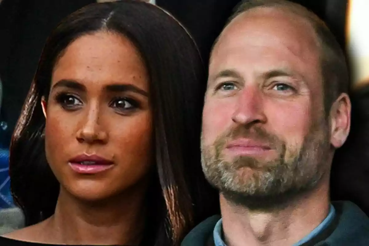 Montaje de fotos de primer plano de Meghan Markle y el príncipe Guillermo mirando en direcciones opuestas con expresiones serias.