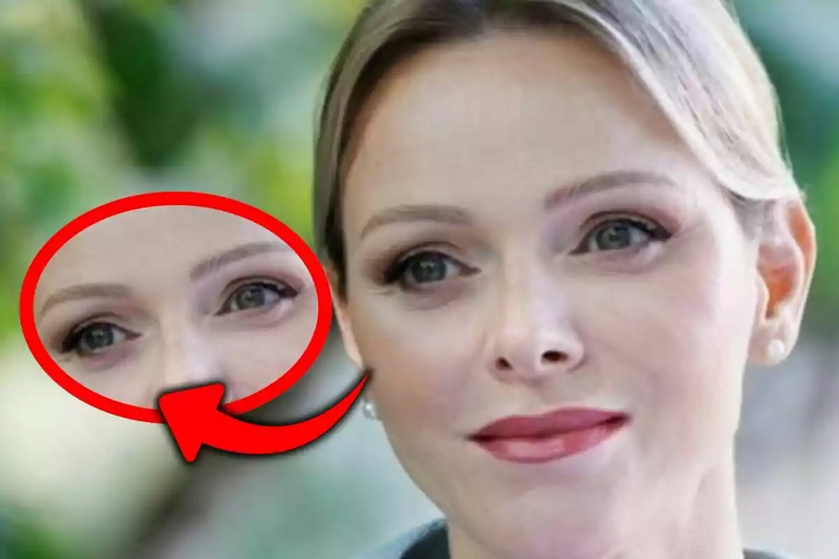 Montaje de fotos de primer plano de Charlene de Mónaco con una ampliación de sus ojos.