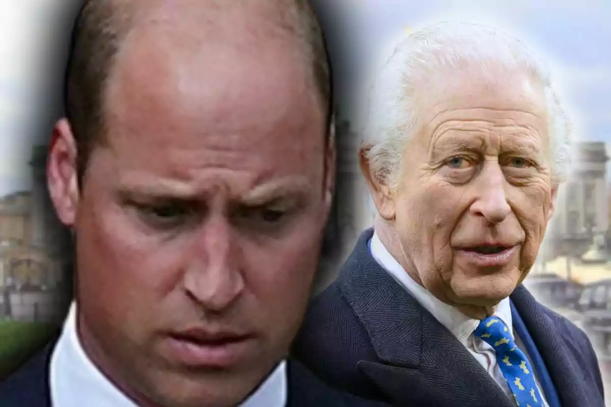 Montaje de fotos de primer plano del príncipe Guillermo con rostro triste y su padre, el rey Carlos III, con rostro neutro.