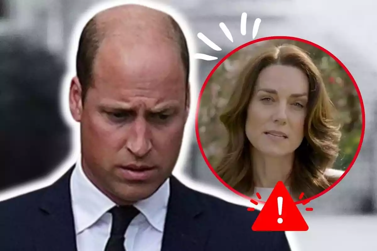 Montage of close-up photos of Kate Middleton and Prince William, both with serious faces