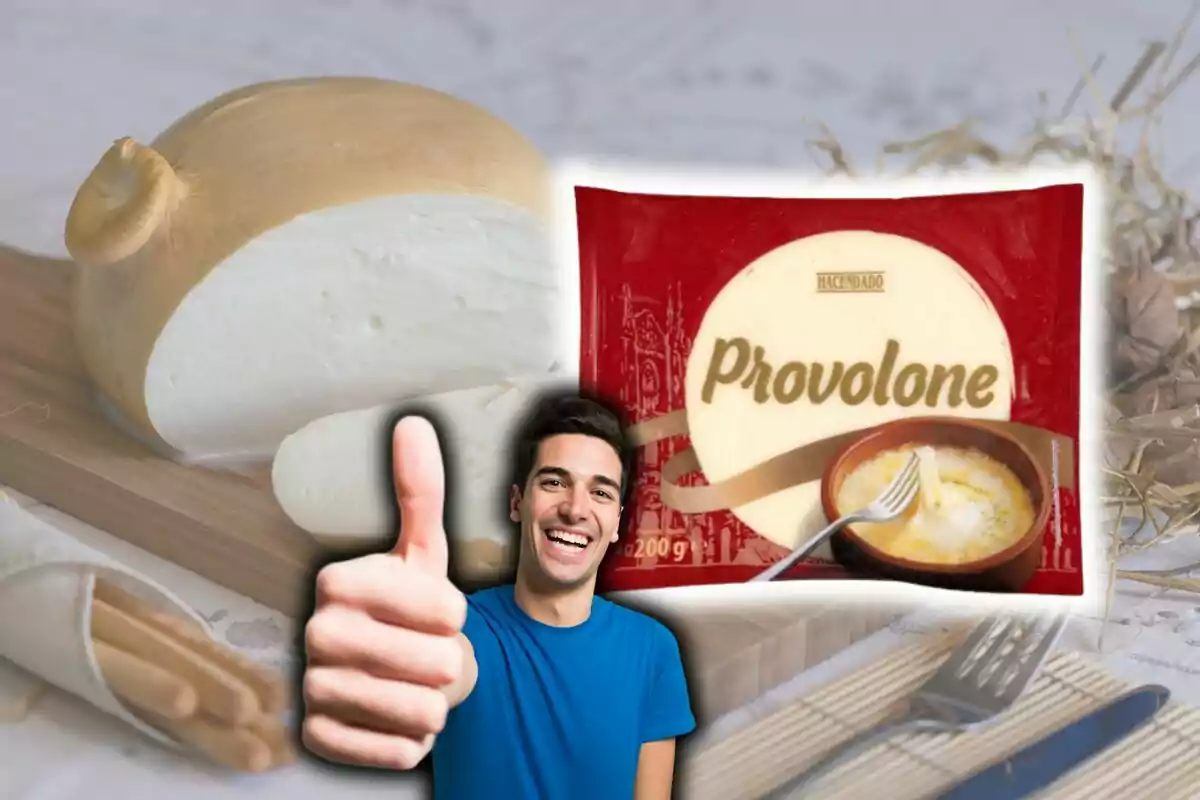 Una persona sonriente con el pulgar hacia arriba frente a un fondo que muestra un queso provolone y un paquete del mismo, que pertenece a Mercadona. Una persona sonriente con el pulgar hacia arriba frente a un fondo que muestra un queso provolone y un paquete del mismo, que pertenece a Mercadona.