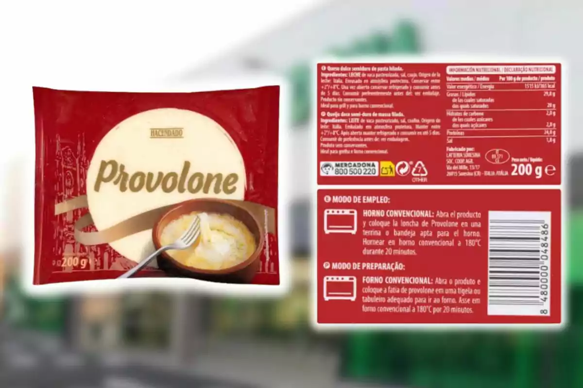 Imagen de un paquete de queso Provolone de la marca Hacendado, con instrucciones de uso y tabla nutricional en la parte posterior. Imagen de un paquete de queso Provolone de la marca Hacendado, con instrucciones de uso y tabla nutricional en la parte posterior.