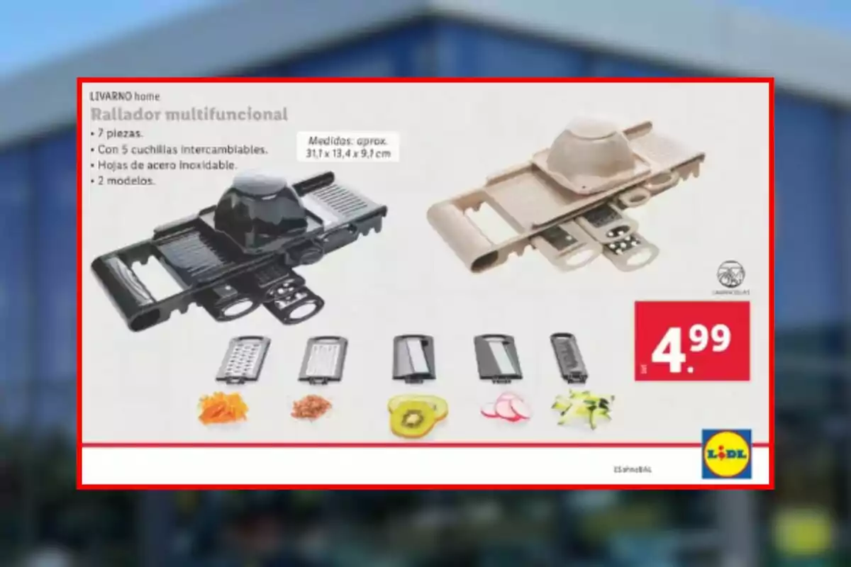 Rallador multifuncional de 7 piezas con 5 cuchillas intercambiables y hojas de acero inoxidable disponible en Lidl con 2 modelos y un precio de 4.99 euros. Rallador multifuncional de 7 piezas con 5 cuchillas intercambiables y hojas de acero inoxidable disponible en Lidl con 2 modelos y un precio de 4.99 euros.