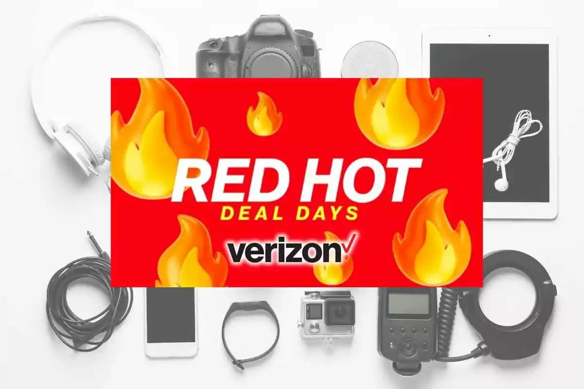 Promoción de ofertas de Verizon con fondo de dispositivos electrónicos y gráficos de llamas. Promoción de ofertas de Verizon con fondo de dispositivos electrónicos y gráficos de llamas.