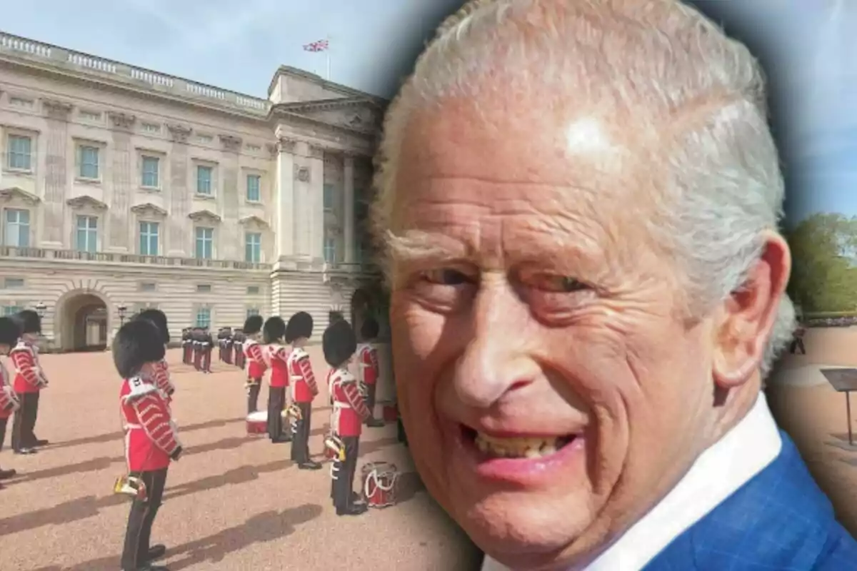 Montaje de fotos del rey Carlos III en primer plano y, de fondo, un plano general del Buckingham Palace.