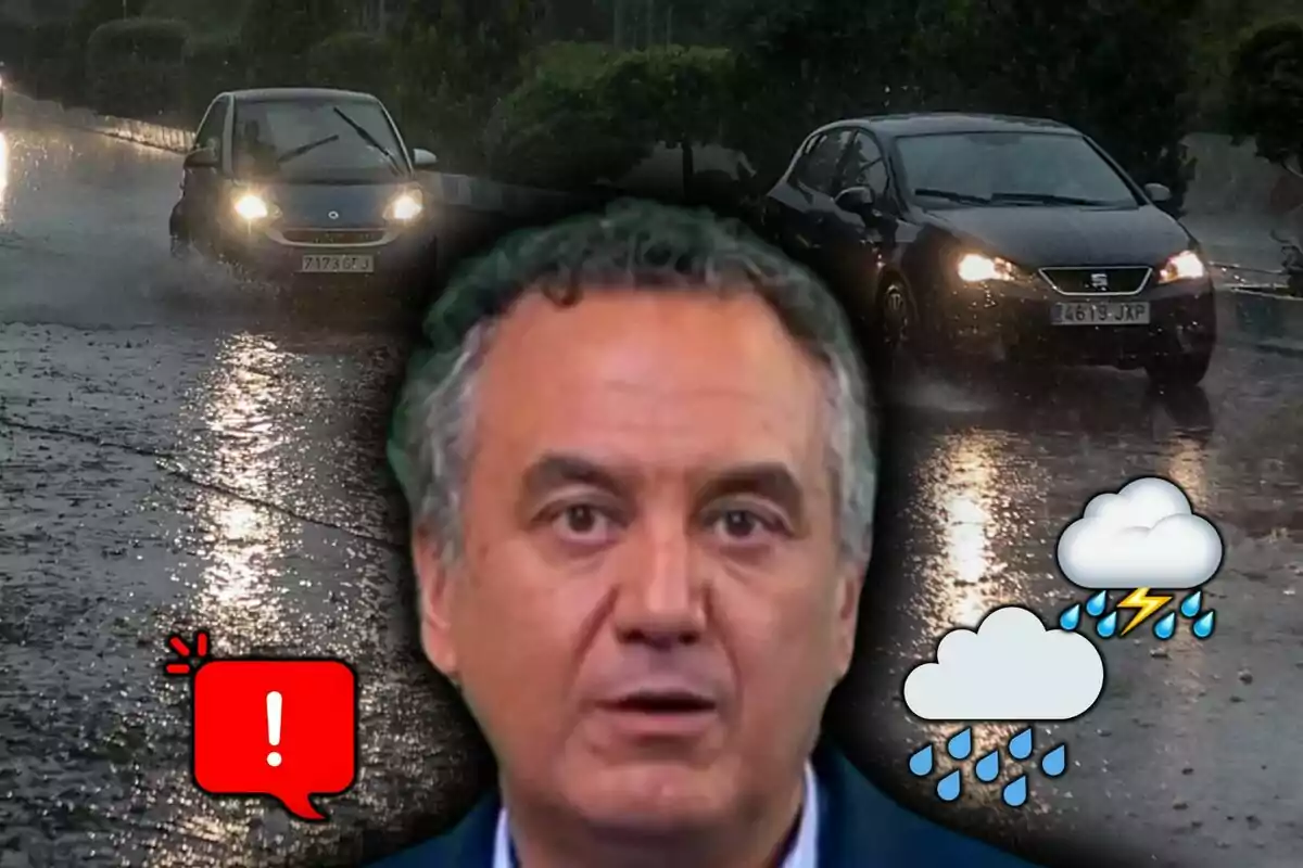 Montaja de fotos de Roberto Brasero en primer plano con un fondo de coches circulando bajo la lluvia, acompañado de iconos de alerta y clima lluvioso.