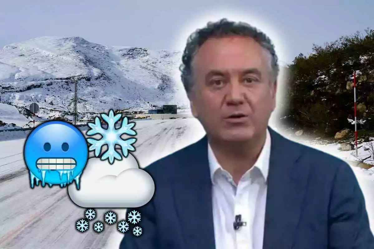 Roberto Brasero con traje oscuro y camisa blanca aparece en primer plano, mientras que en el fondo se observa un paisaje nevado con montañas y una carretera cubierta de nieve, además de varios emojis relacionados con el frío y la nieve.