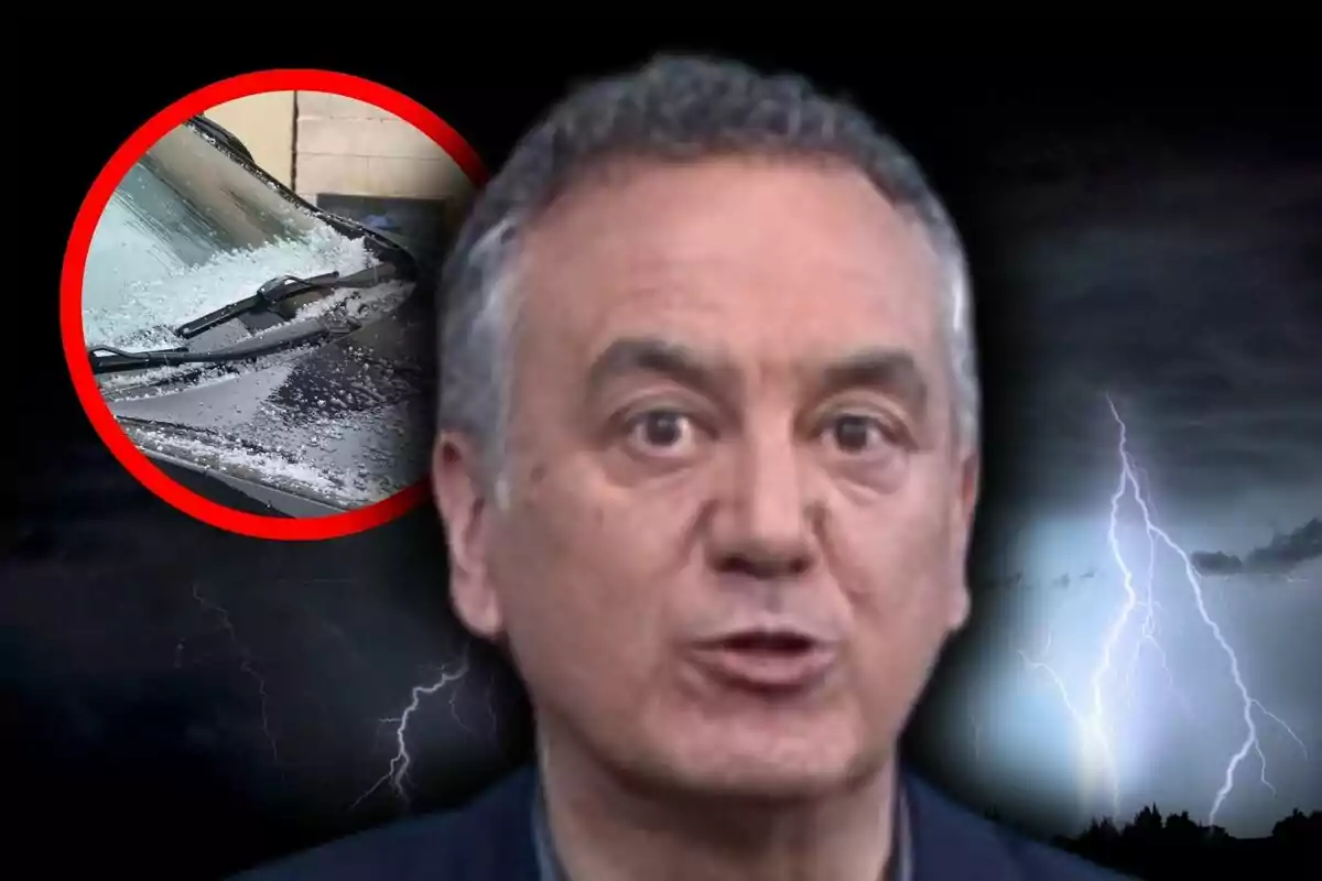 Roberto Brasero en primer plano con una expresión seria y al fondo un cielo oscuro con relámpagos; en un círculo rojo se muestra un parabrisas de coche cubierto de granizo.