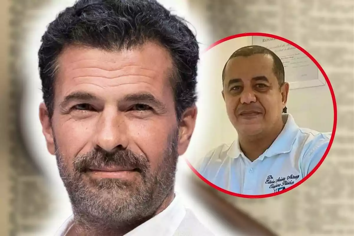 Primer plano de Rodolfo Sancho con rostro medio sonriente y, al lado, una imagen de Edwin Arrieta.