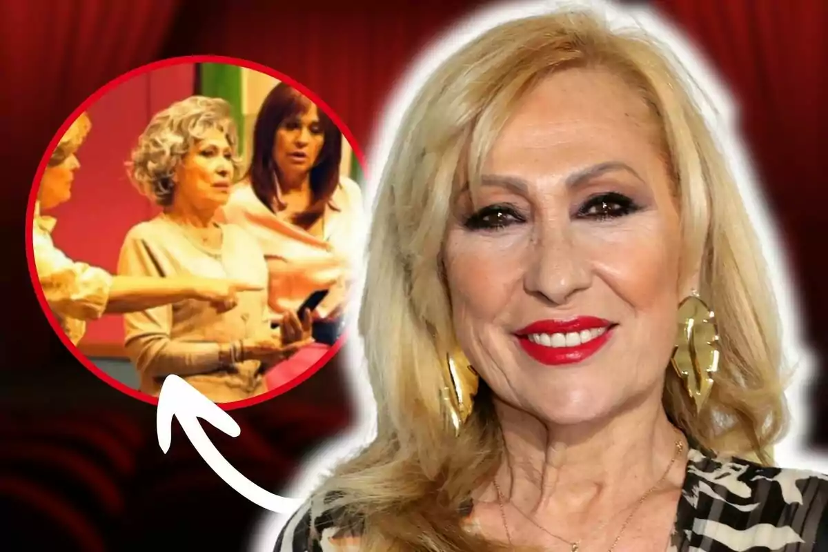 Rosa Benito sonriente con labios rojos y pendientes dorados en primer plano, con una imagen circular en la esquina superior izquierda que muestra a ella en su reciente obra de teatro.