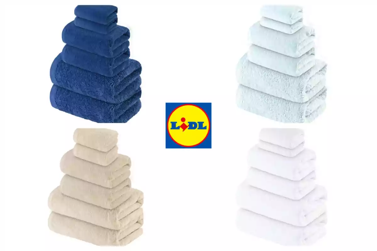 Cuatro pilas de toallas de diferentes colores (azul, celeste, beige y blanco) rodean el logo de Lidl en el centro. Cuatro pilas de toallas de diferentes colores (azul, celeste, beige y blanco) rodean el logo de Lidl en el centro.
