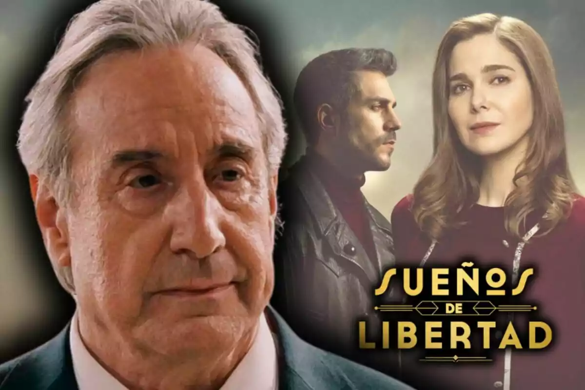 Montaje de fotos de Juanjo Puigcorbé en primer plano y dos personas al fondo, con el logotipo de la serie de Atresmedia "Sueños de Libertad".