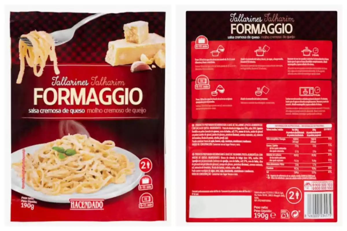 Paquete de tallarines con salsa cremosa de queso, marca Hacendado, con instrucciones de preparación y tabla nutricional en la parte posterior. Paquete de tallarines con salsa cremosa de queso, marca Hacendado, con instrucciones de preparación y tabla nutricional en la parte posterior.