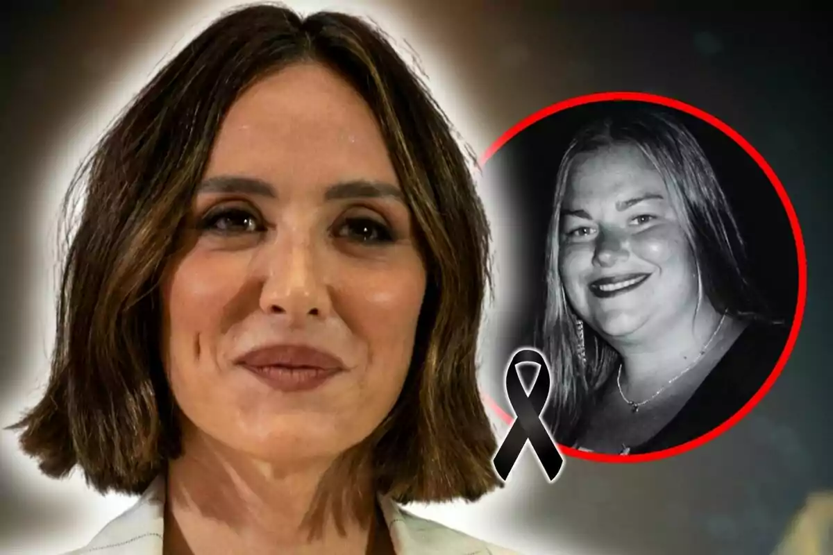 Montaje de fotos de primer plano de Tamara Falcó y Caritina Goyanes con un lazo negro.