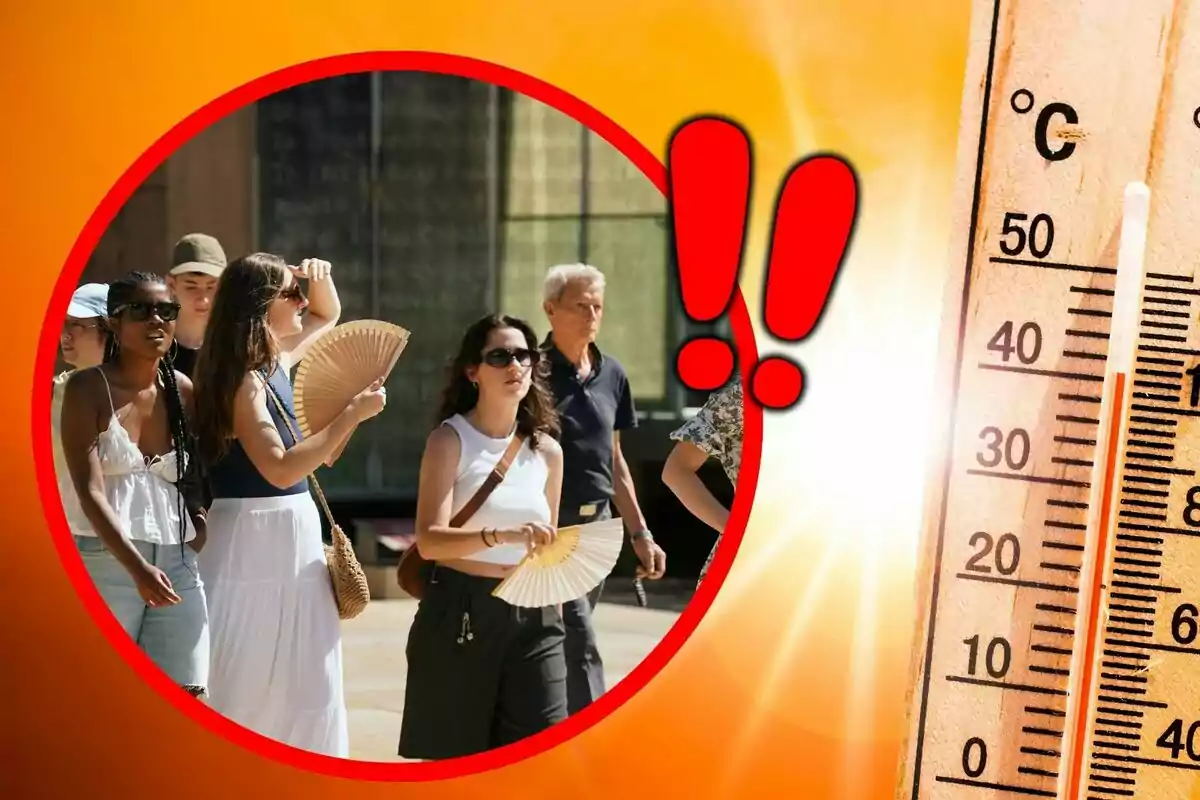Personas caminando bajo el sol usando abanicos para refrescarse junto a un termómetro que marca altas temperaturas y dos signos de exclamación rojos indicando alerta por calor.