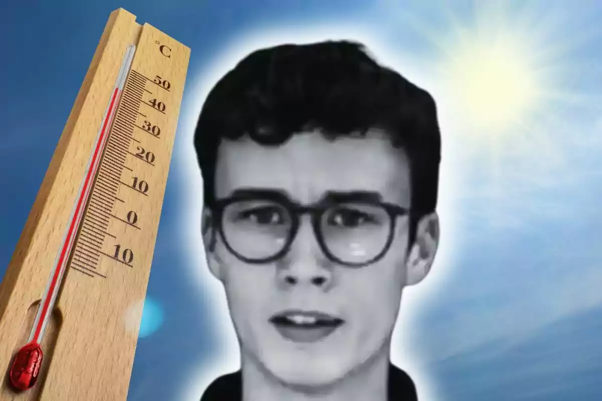 Termómetro marcando alta temperatura junto a una imagen de Jorge Rey con expresión preocupada y el sol brillando en el cielo azul. Termómetro marcando alta temperatura junto a una imagen de Jorge Rey con expresión preocupada y el sol brillando en el cielo azul.