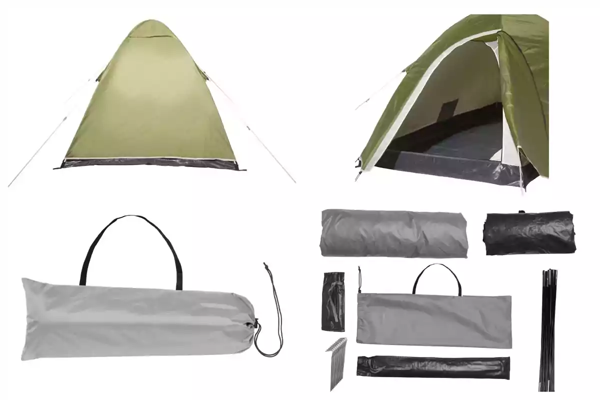 Imagen de una tienda de campaña verde de Lidl con su estructura montada y desmontada, incluyendo la bolsa de transporte y los accesorios necesarios para su armado. Imagen de una tienda de campaña verde de Lidl con su estructura montada y desmontada, incluyendo la bolsa de transporte y los accesorios necesarios para su armado.