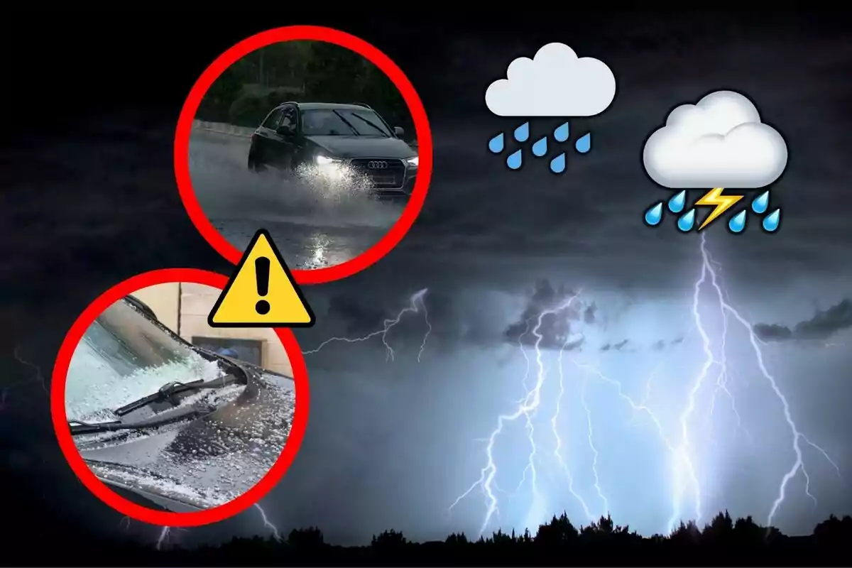 Imagen de una tormenta eléctrica con relámpagos en el cielo, un coche conduciendo bajo la lluvia y un parabrisas cubierto de granizo, acompañados de iconos de nubes con lluvia y un símbolo de advertencia. Imagen de una tormenta eléctrica con relámpagos en el cielo, un coche conduciendo bajo la lluvia y un parabrisas cubierto de granizo, acompañados de iconos de nubes con lluvia y un símbolo de advertencia.