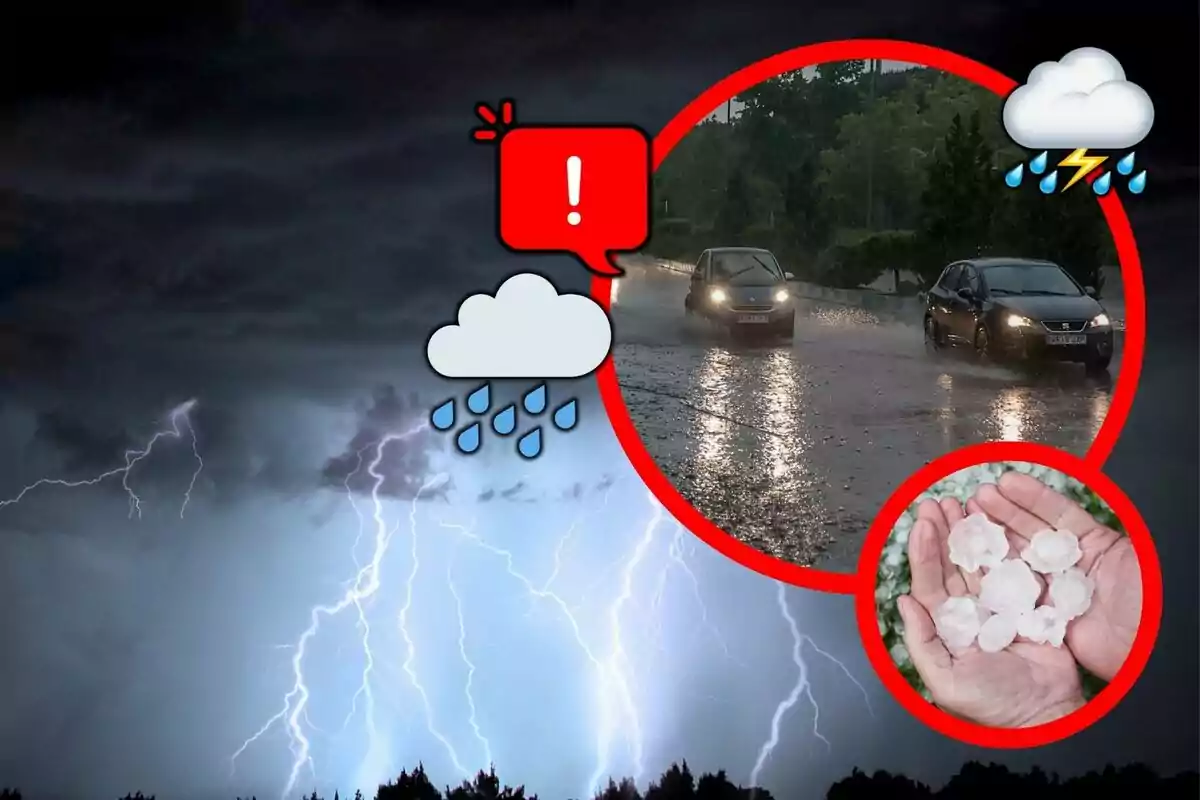 Una tormenta eléctrica con rayos ilumina el cielo oscuro mientras dos autos circulan por una carretera mojada y una persona sostiene granizos en sus manos, acompañado de iconos de alerta y clima lluvioso. Una tormenta eléctrica con rayos ilumina el cielo oscuro mientras dos autos circulan por una carretera mojada y una persona sostiene granizos en sus manos, acompañado de iconos de alerta y clima lluvioso.