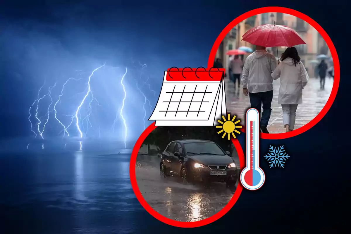 Una imagen que muestra un paisaje con relámpagos sobre el agua y dos círculos rojos superpuestos, uno con una pareja bajo un paraguas rojo caminando bajo la lluvia y otro con un coche conduciendo en una carretera mojada, además de un calendario, un sol y un termómetro con símbolos de calor y frío.