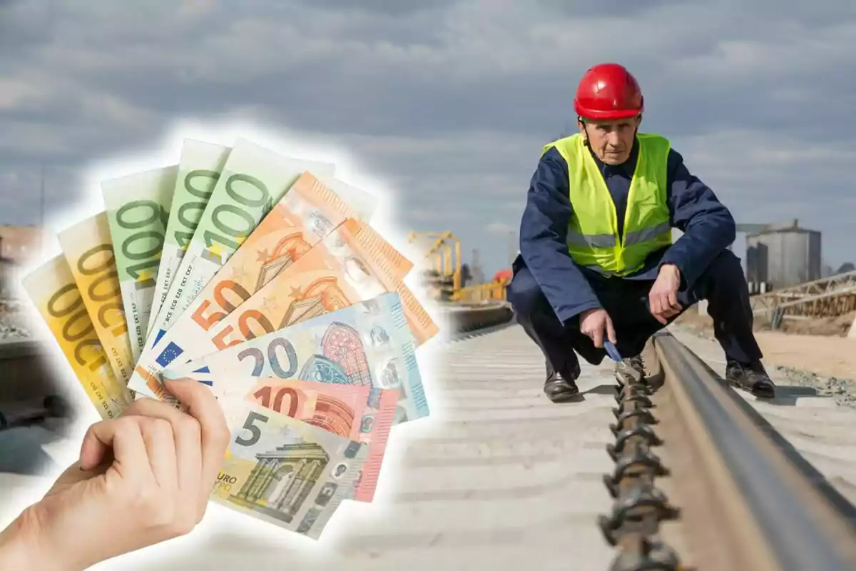 Trabajador de la construcción revisando una vía de tren mientras una mano sostiene billetes de euro.