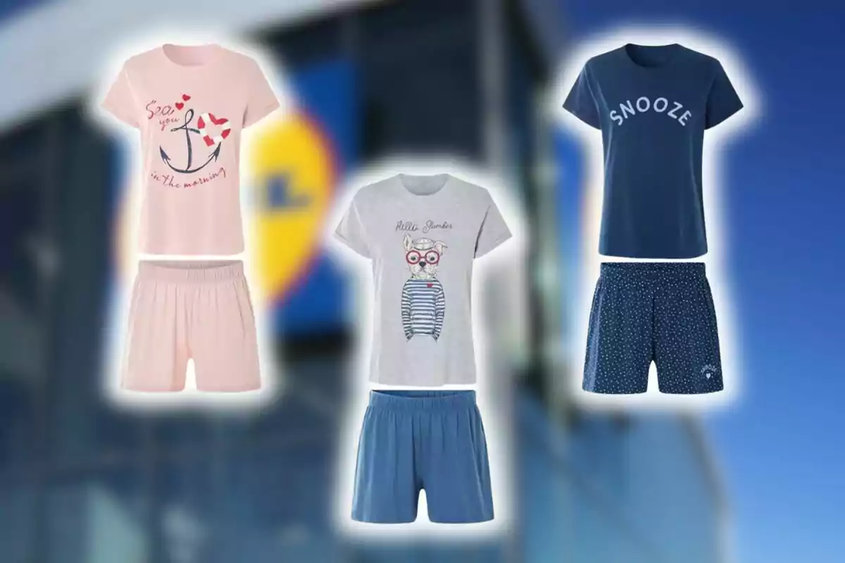 Montaje de fotos de tres pijamas de diferentes colores y diseños de Lidl frente a un fondo desenfocado de una tienda. Montaje de fotos de tres pijamas de diferentes colores y diseños de Lidl frente a un fondo desenfocado de una tienda.