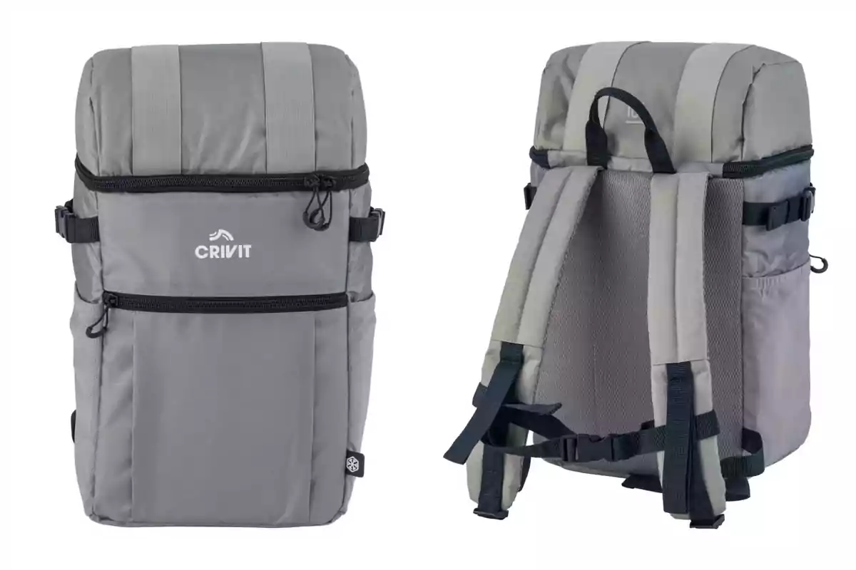 Mochila gris de la marca Crivit de Lidl con diseño moderno, múltiples compartimentos y correas ajustables para mayor comodidad. Mochila gris de la marca Crivit de Lidl con diseño moderno, múltiples compartimentos y correas ajustables para mayor comodidad.