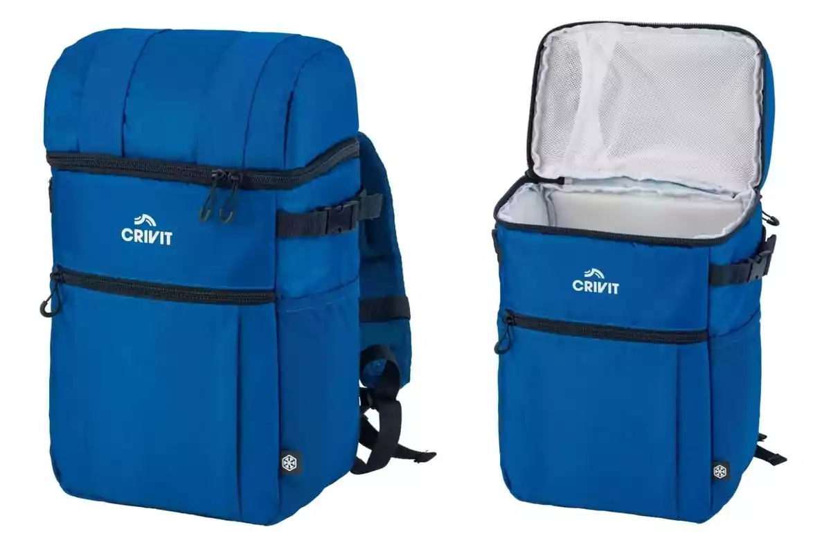 Mochila azul de Lidl con compartimento térmico, correas ajustables y varios bolsillos con cremalleras. Mochila azul de Lidl con compartimento térmico, correas ajustables y varios bolsillos con cremalleras.